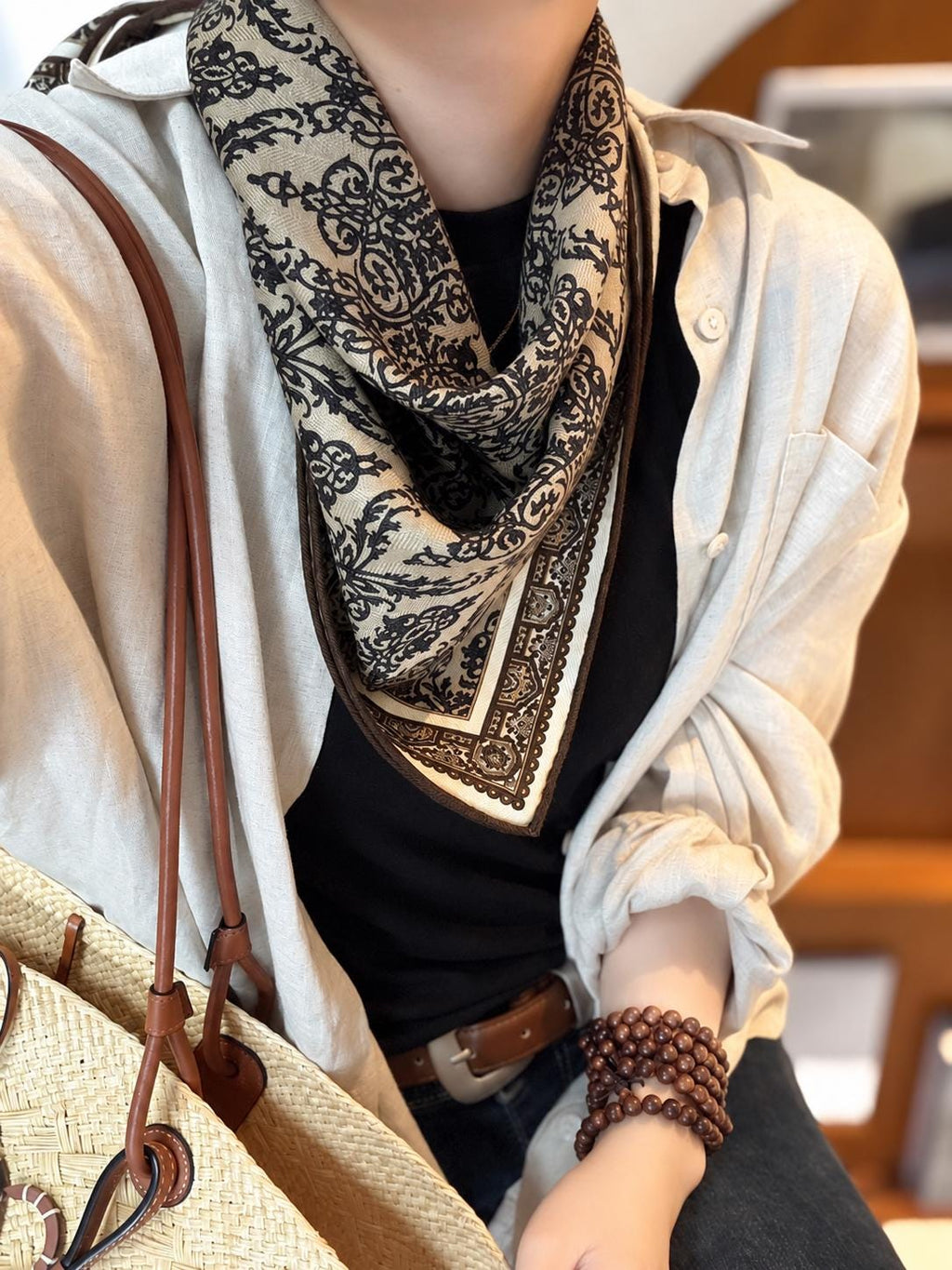 Silk Wool Scarf 26”x26” 65x65cm, Mocha Leopard Square Scarf, Italian Vintage Silk Wool Neck Scarf, Women’s Winter Accessory