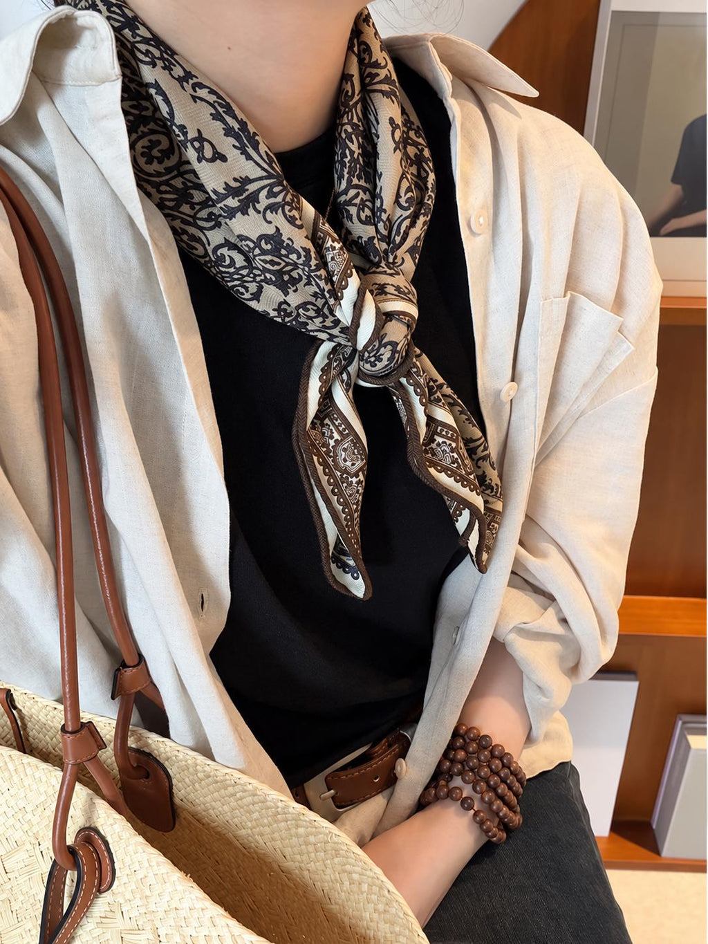 Silk Wool Scarf 26”x26” 65x65cm, Mocha Leopard Square Scarf, Italian Vintage Silk Wool Neck Scarf, Women’s Winter Accessory