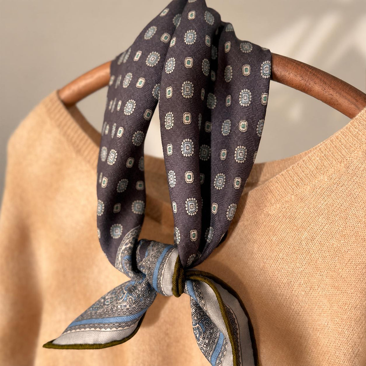 Silk Wool Scarf 26”x26” 65x65cm, Gray Blue Square Scarf, Classic Silk Wool Neck Scarf, Women’s Elegant Winter Accessory