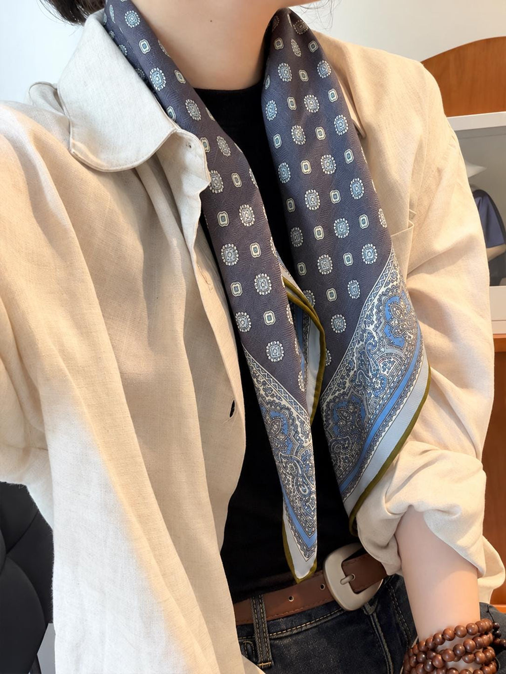 Silk Wool Scarf 26”x26” 65x65cm, Gray Blue Square Scarf, Classic Silk Wool Neck Scarf, Women’s Elegant Winter Accessory