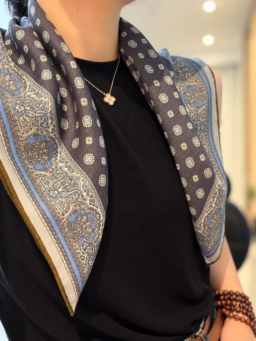 Silk Wool Scarf 26”x26” 65x65cm, Gray Blue Square Scarf, Classic Silk Wool Neck Scarf, Women’s Elegant Winter Accessory