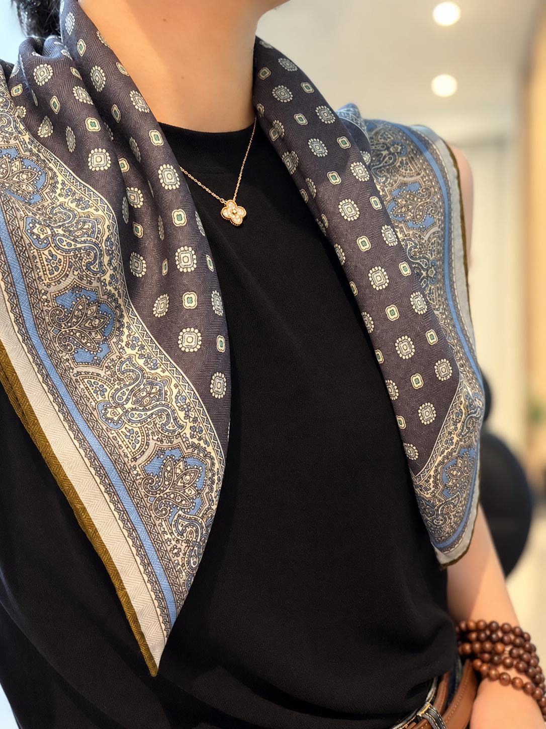Silk Wool Scarf 26”x26” 65x65cm, Gray Blue Square Scarf, Classic Silk Wool Neck Scarf, Women’s Elegant Winter Accessory