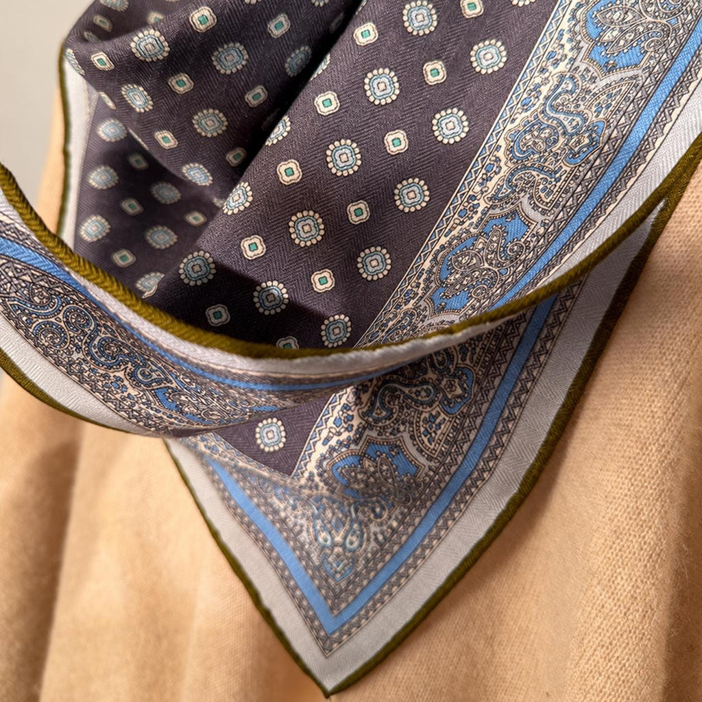 Silk Wool Scarf 26”x26” 65x65cm, Gray Blue Square Scarf, Classic Silk Wool Neck Scarf, Women’s Elegant Winter Accessory
