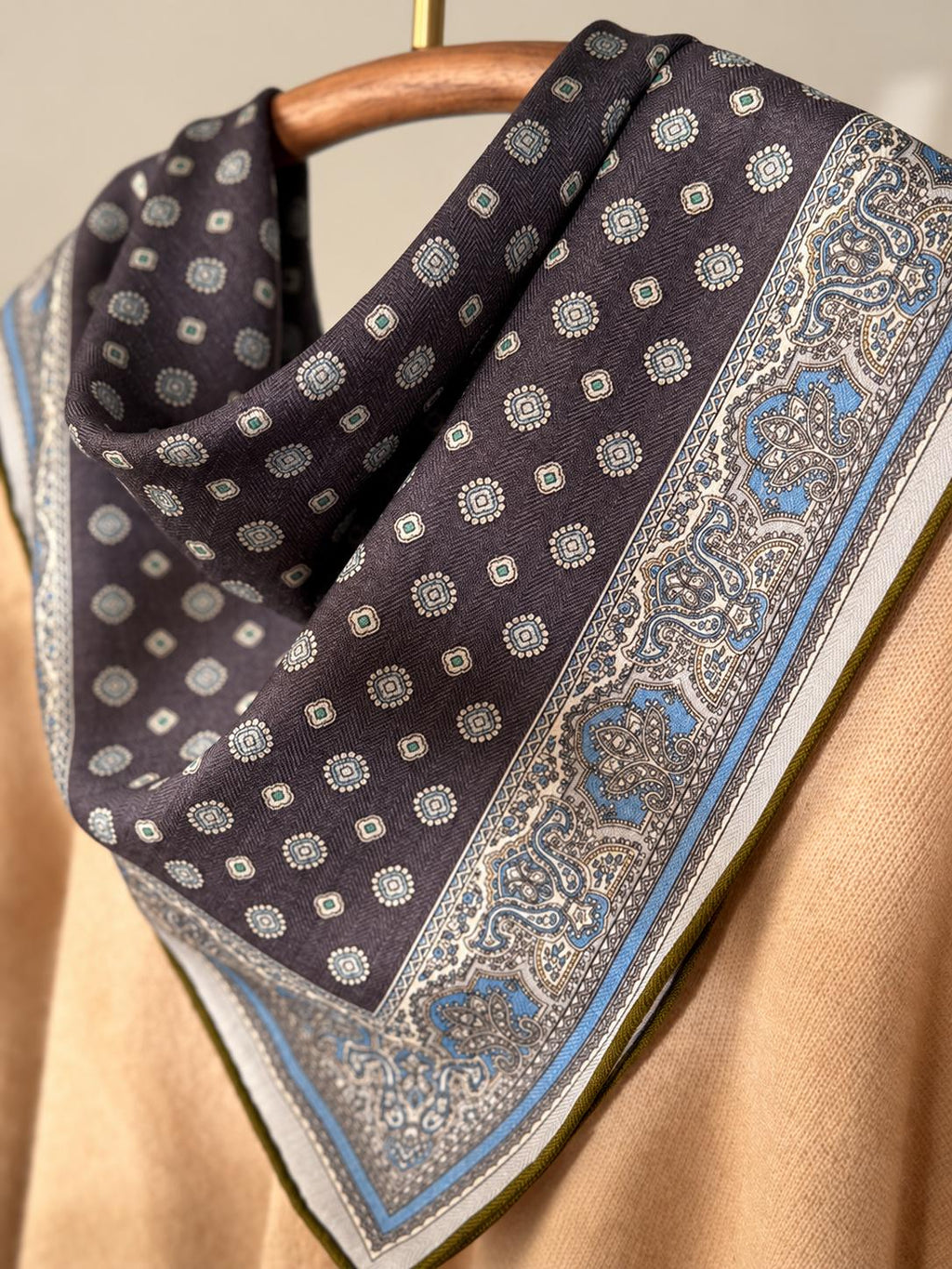 Silk Wool Scarf 26”x26” 65x65cm, Gray Blue Square Scarf, Classic Silk Wool Neck Scarf, Women’s Elegant Winter Accessory