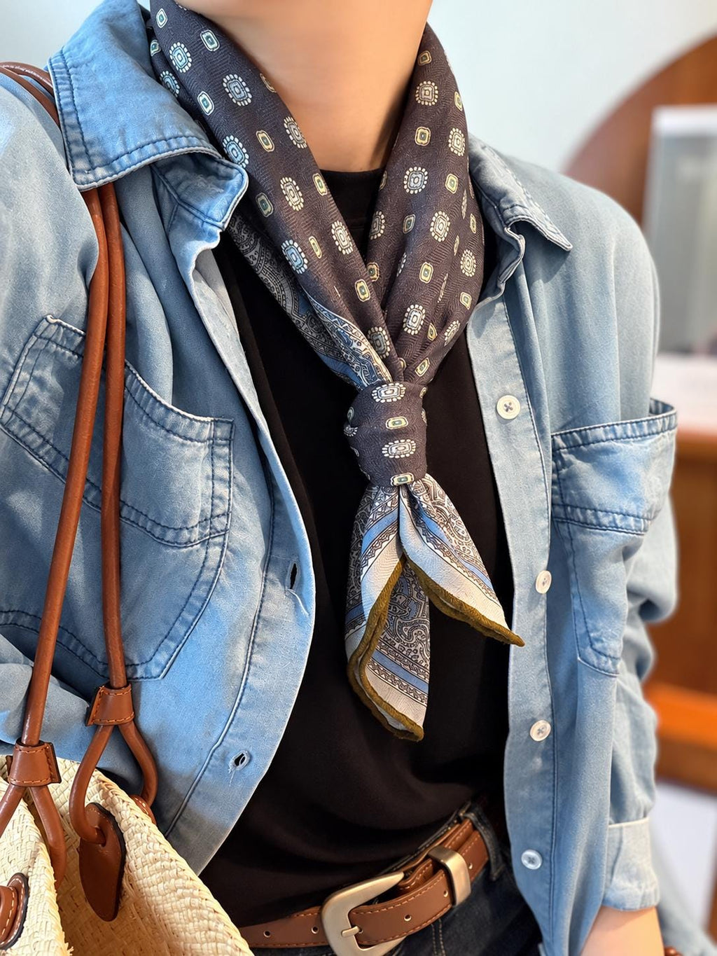 Silk Wool Scarf 26”x26” 65x65cm, Gray Blue Square Scarf, Classic Silk Wool Neck Scarf, Women’s Elegant Winter Accessory