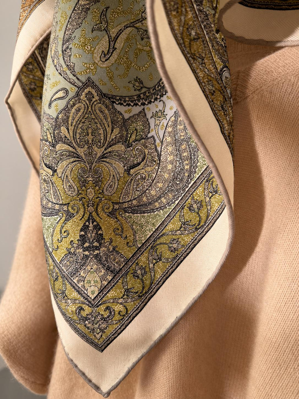 Silk Wool Scarf 26"x26" 65x65cm, Italian Paisley Square Scarf, Double Sided Silk Wool Neck Scarf, Vintage Court Style Women's Wrap