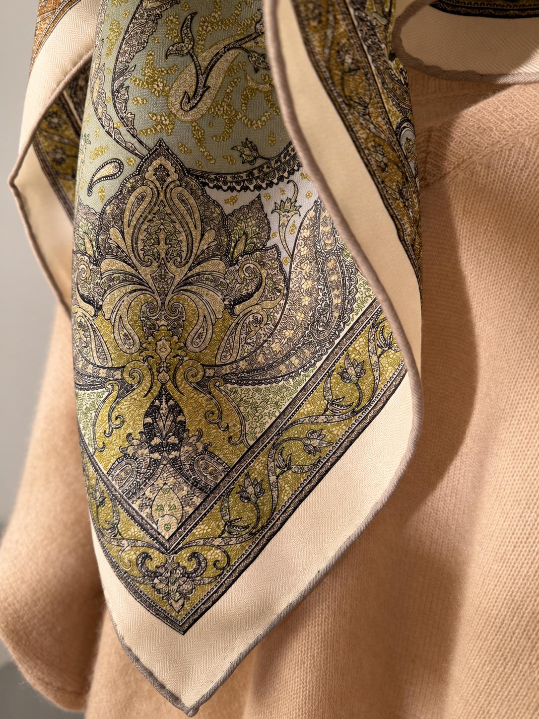 Silk Wool Scarf 26"x26" 65x65cm, Italian Paisley Square Scarf, Double Sided Silk Wool Neck Scarf, Vintage Court Style Women's Wrap