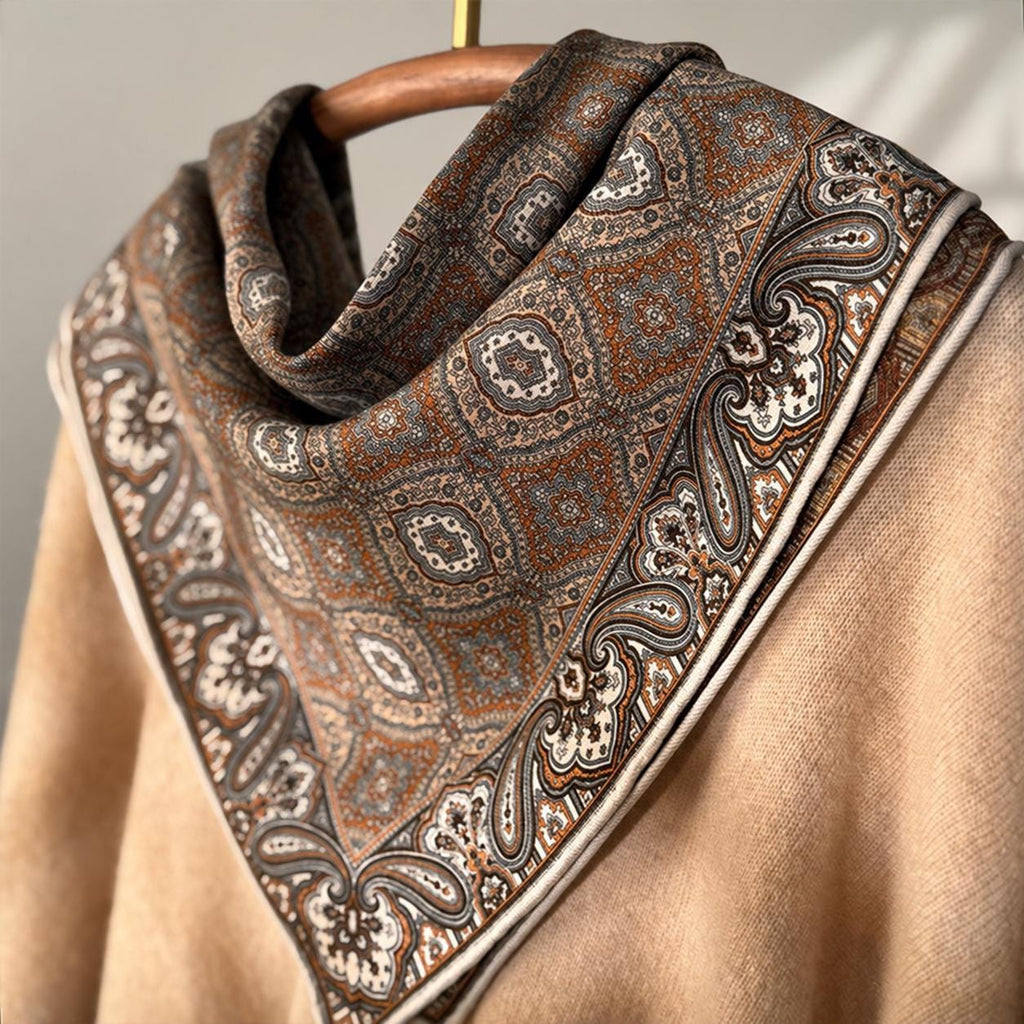 Silk Wool Scarf 26”x26” 65x65cm, Mocha Brown Square Scarf, Classical Silk Wool Neck Scarf, Women’s Fall Winter Accessory