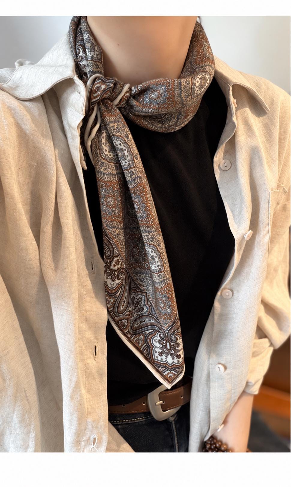 Silk Wool Scarf 26”x26” 65x65cm, Mocha Brown Square Scarf, Classical Silk Wool Neck Scarf, Women’s Fall Winter Accessory