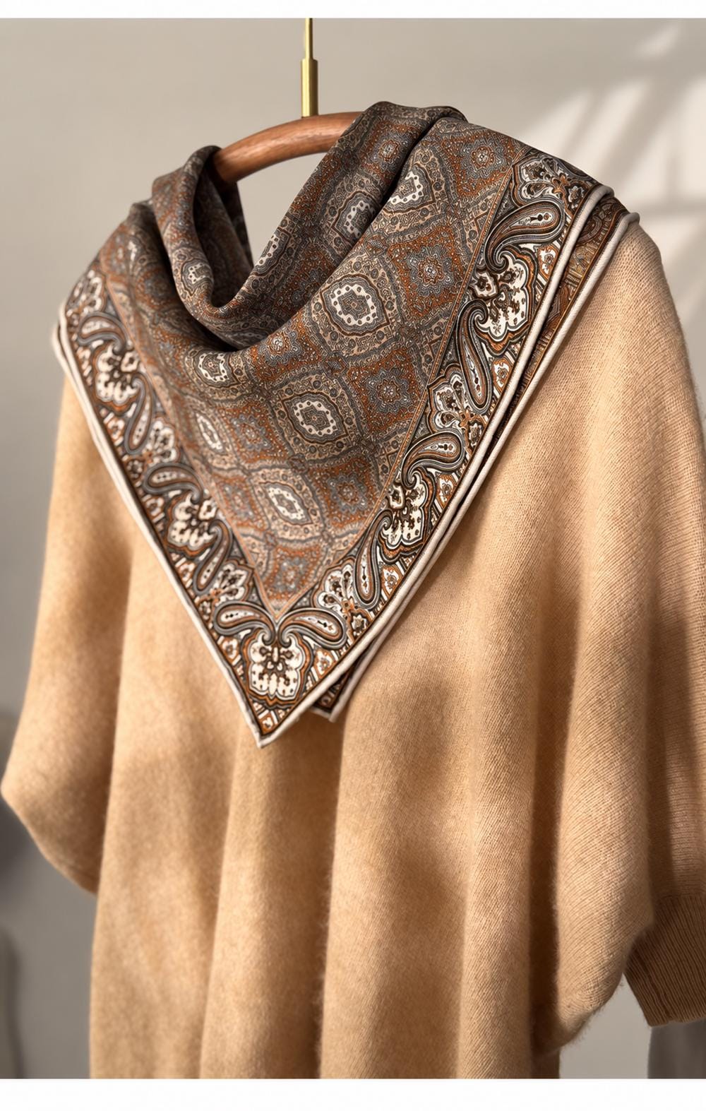 Silk Wool Scarf 26”x26” 65x65cm, Mocha Brown Square Scarf, Classical Silk Wool Neck Scarf, Women’s Fall Winter Accessory