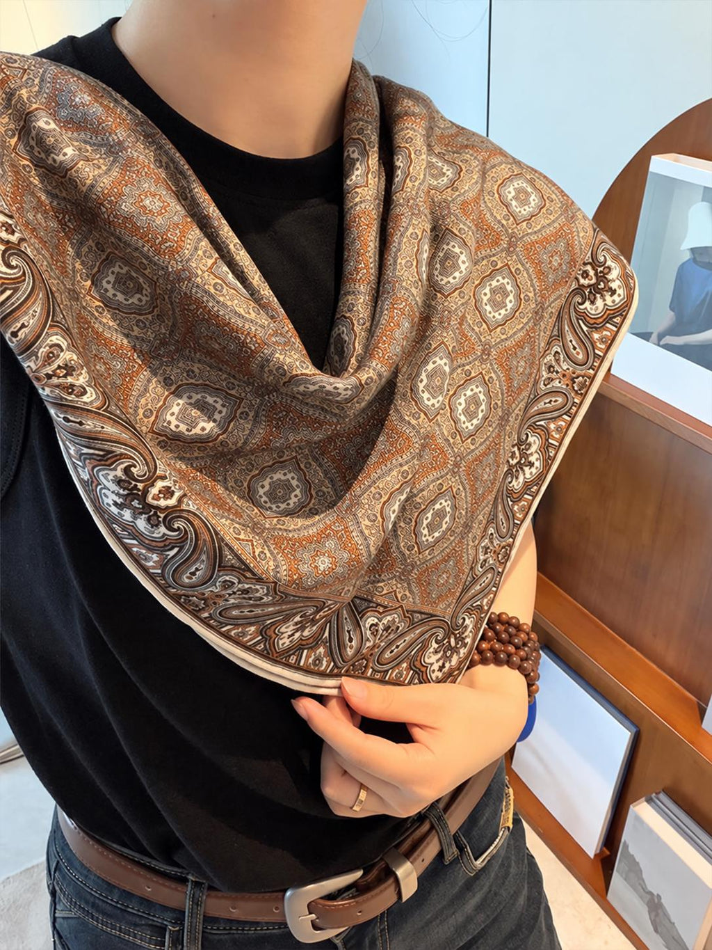 Silk Wool Scarf 26”x26” 65x65cm, Mocha Brown Square Scarf, Classical Silk Wool Neck Scarf, Women’s Fall Winter Accessory