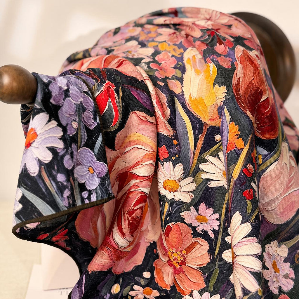 Silk Wool Scarf 27”x27” 68x68cm, Oil Painting Square Scarf, Artistic Silk Wool Neck Scarf, Women’s Winter Accessory