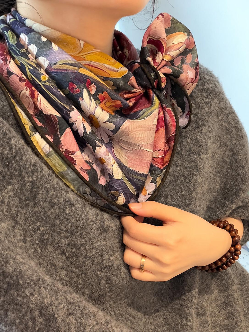 Silk Wool Scarf 27”x27” 68x68cm, Oil Painting Square Scarf, Artistic Silk Wool Neck Scarf, Women’s Winter Accessory