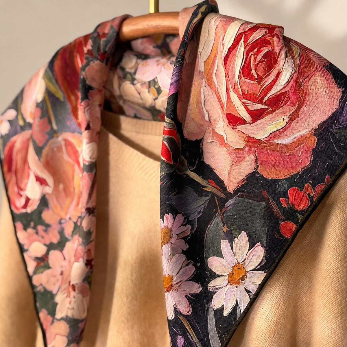 Silk Wool Scarf 27”x27” 68x68cm, Oil Painting Square Scarf, Artistic Silk Wool Neck Scarf, Women’s Winter Accessory