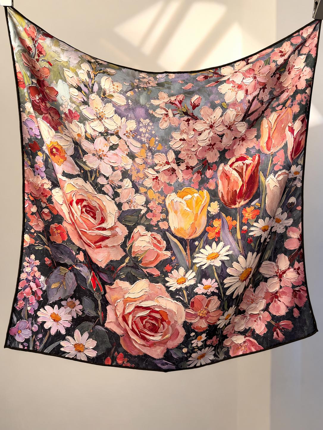 Silk Wool Scarf 27”x27” 68x68cm, Oil Painting Square Scarf, Artistic Silk Wool Neck Scarf, Women’s Winter Accessory
