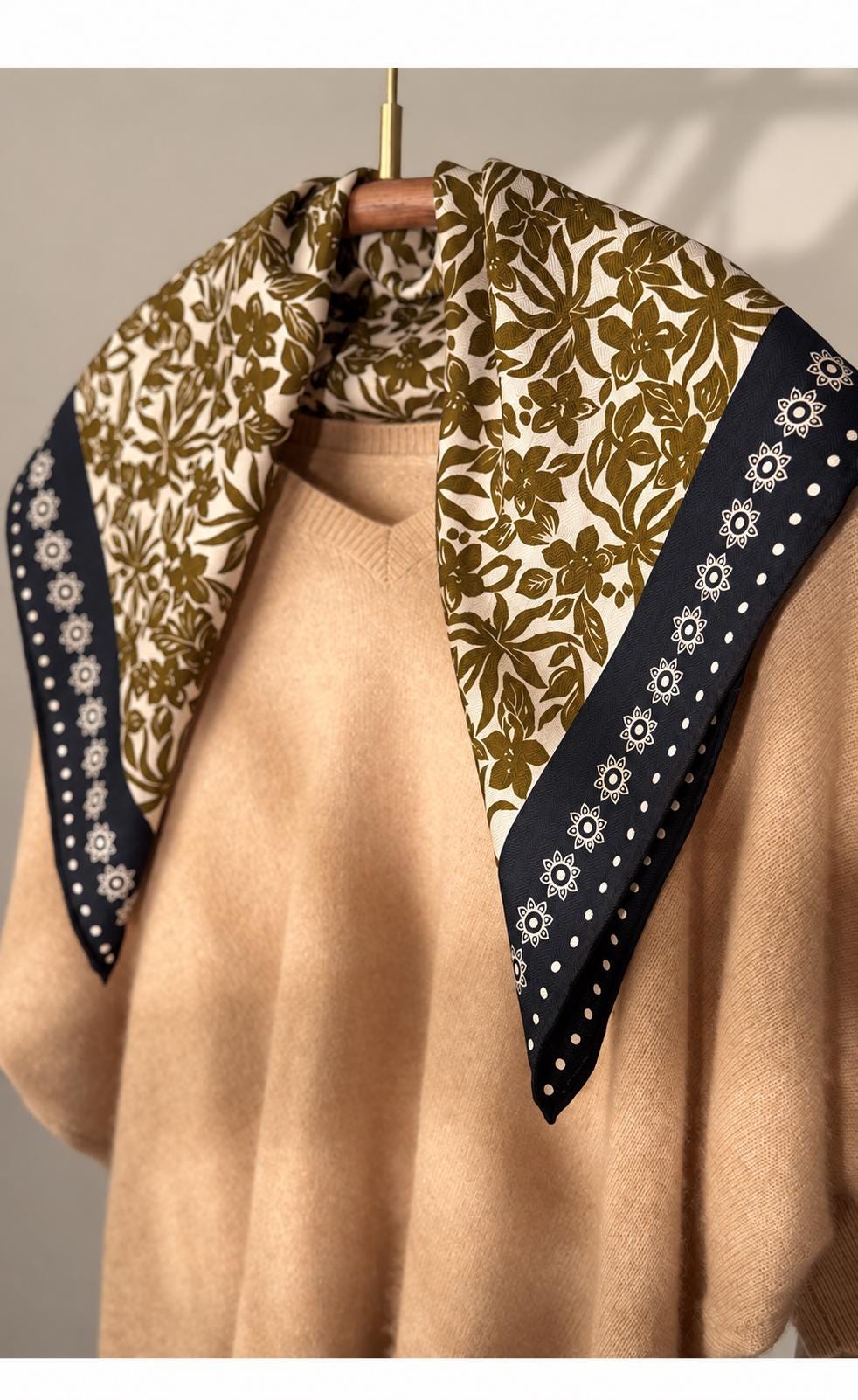 Silk Wool Scarf 26”x26” 65x65cm, Blue Floral Double Sided Scarf, Vintage Oil Painting Neck Scarf, Women’s Winter Accessory
