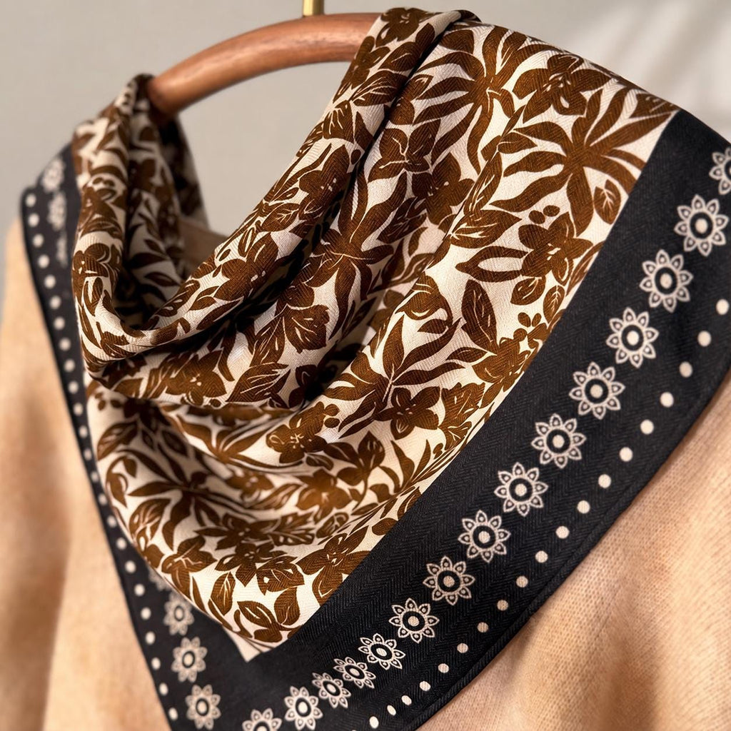 Silk Wool Scarf 26”x26” 65x65cm, Blue Floral Double Sided Scarf, Vintage Oil Painting Neck Scarf, Women’s Winter Accessory