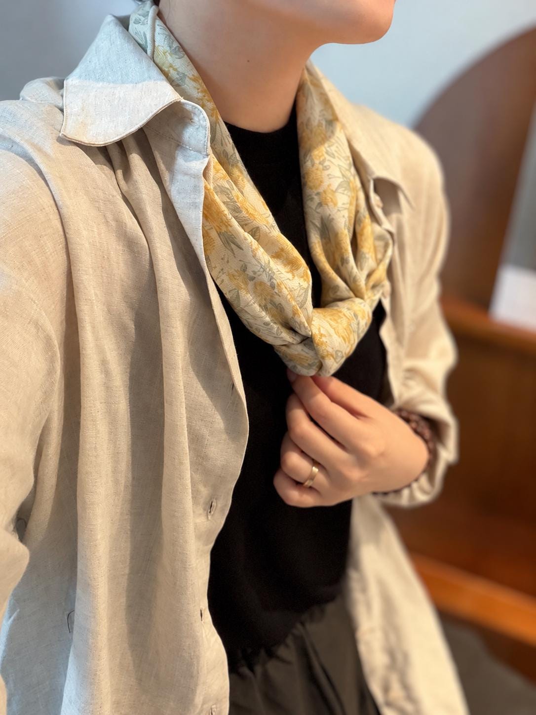Silk Wool Scarf 27”x27” 68x68cm, Beige Floral Square Scarf, Delicate Silk Wool Neck Scarf, Women’s Winter Accessory