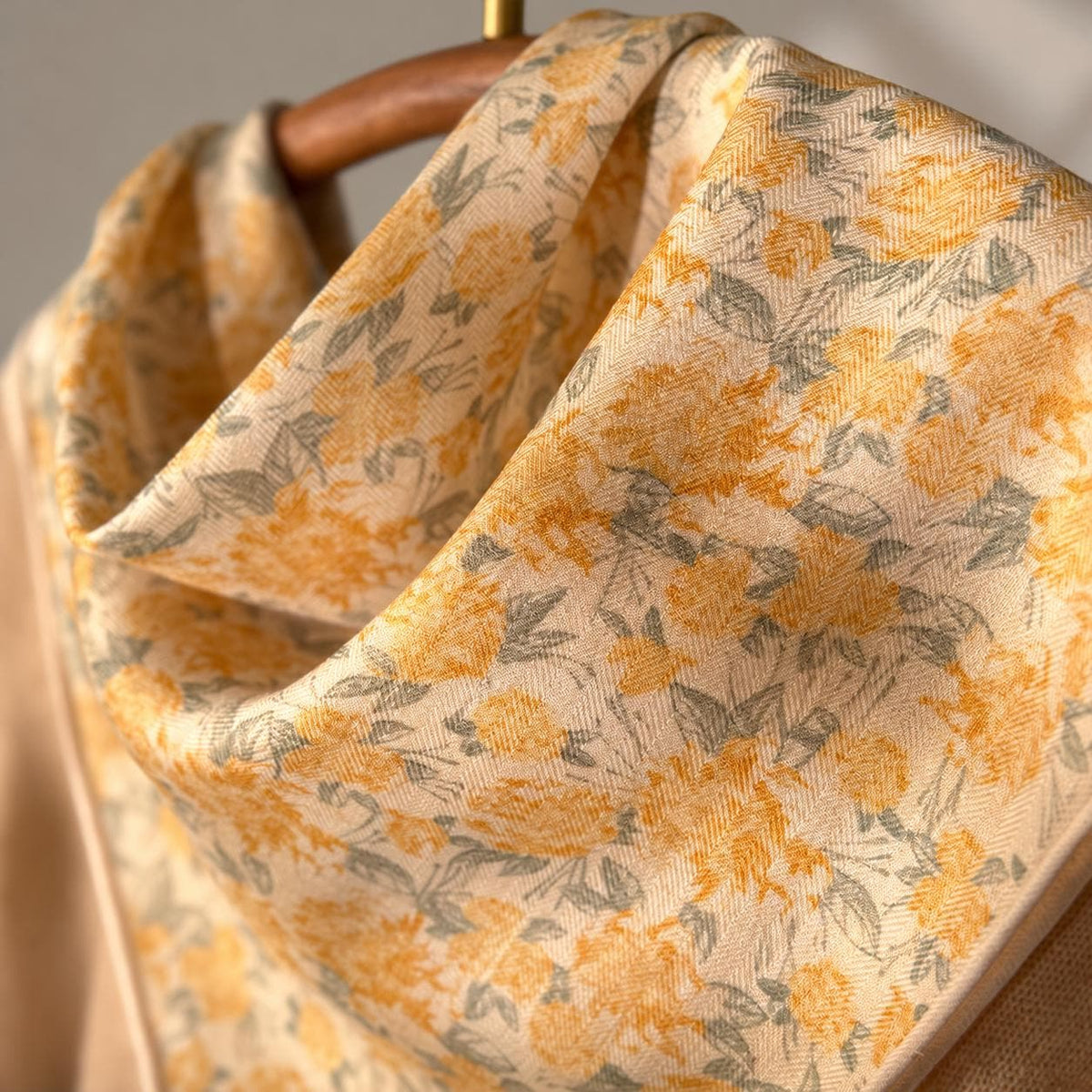 Silk Wool Scarf 27”x27” 68x68cm, Beige Floral Square Scarf, Delicate Silk Wool Neck Scarf, Women’s Winter Accessory