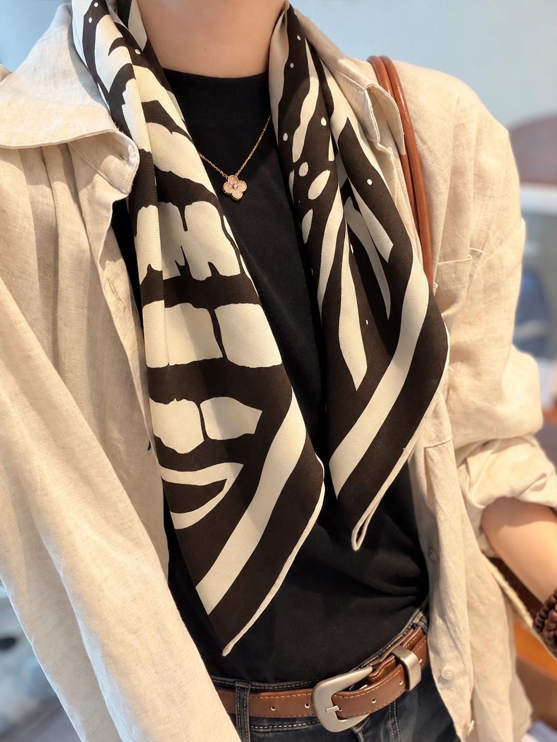 Silk Wool Scarf 26"x26" 65x65cm, Zebra Print Double Sided Scarf, French Style Silk Wool Neck Scarf, Women's Winter Accessory