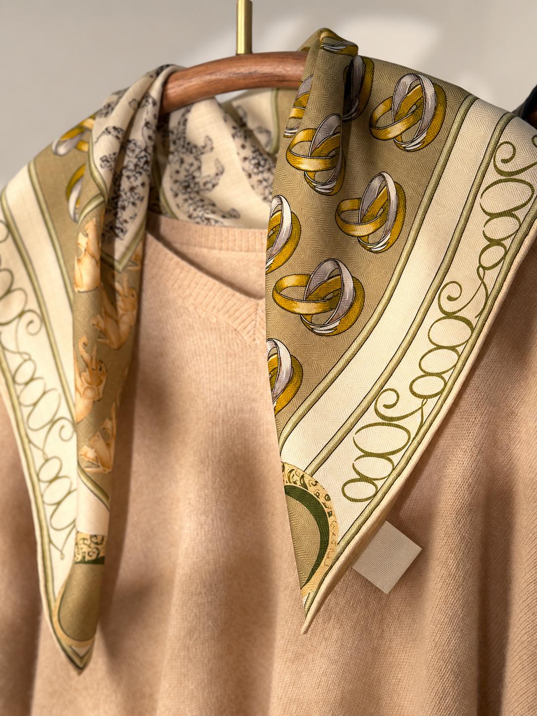 Silk Wool Scarf 26”x26” 65x65cm, Italian Vintage Two Tone Square Scarf, European Style Silk Wool Neck Scarf, Women’s Winter Accessory