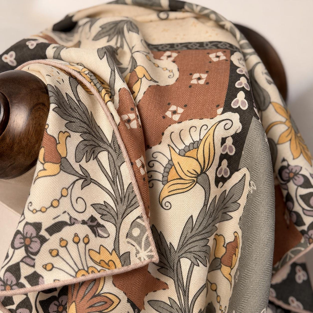 Silk Wool Scarf 26”x26” 65x65cm, European Cottage Floral Square Scarf, Vintage Art Silk Wool Neck Scarf, Women’s Winter Accessory