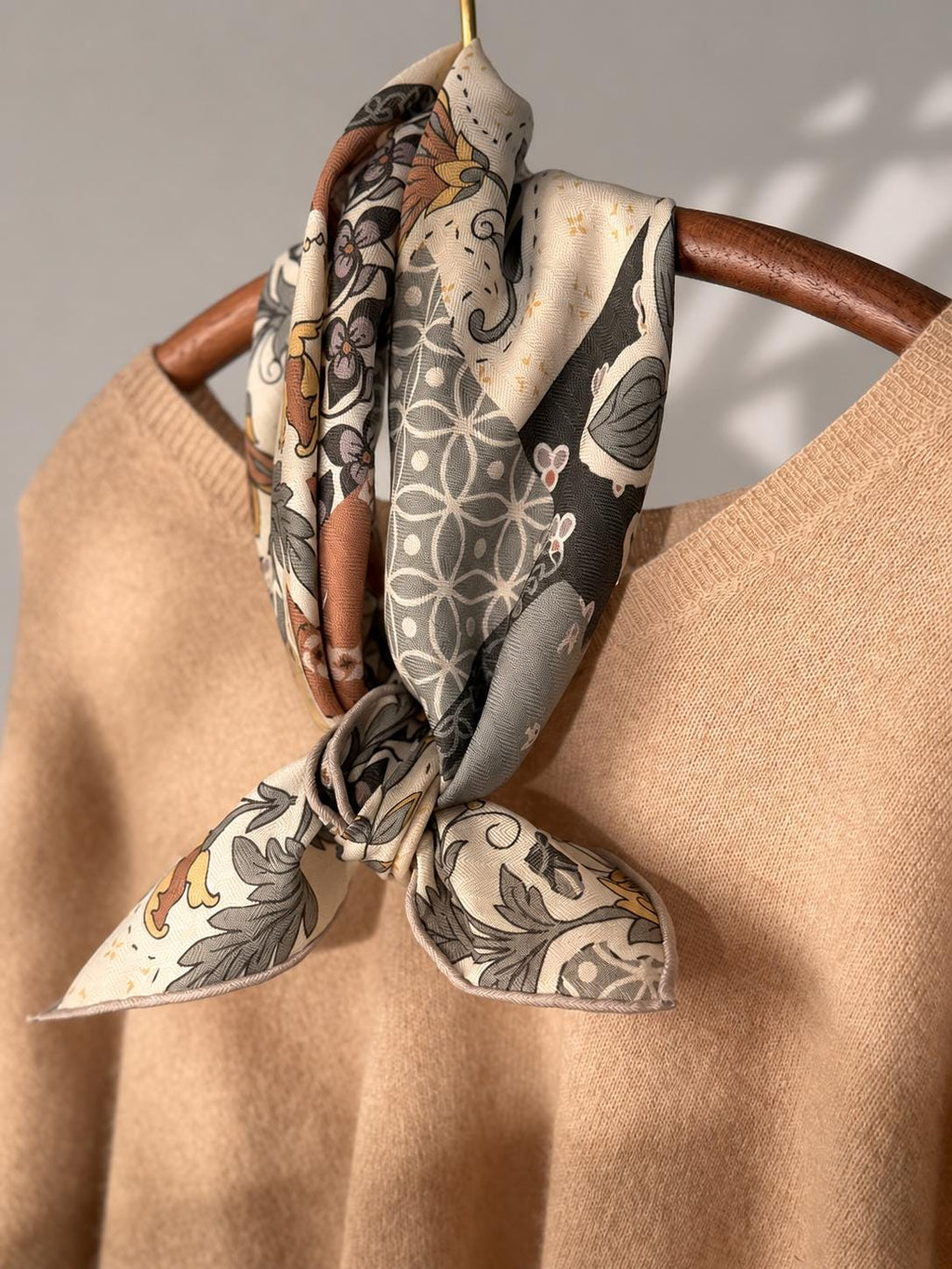 Silk Wool Scarf 26”x26” 65x65cm, European Cottage Floral Square Scarf, Vintage Art Silk Wool Neck Scarf, Women’s Winter Accessory