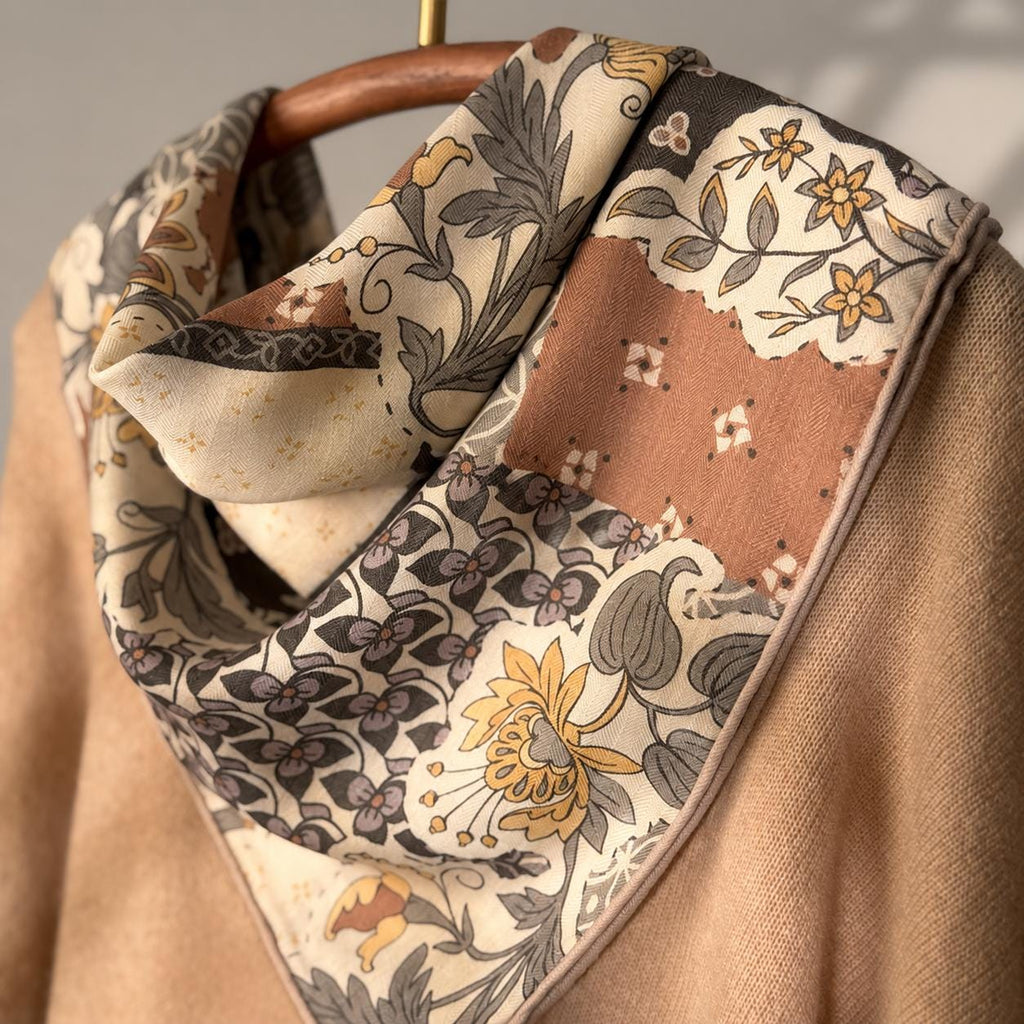 Silk Wool Scarf 26”x26” 65x65cm, European Cottage Floral Square Scarf, Vintage Art Silk Wool Neck Scarf, Women’s Winter Accessory