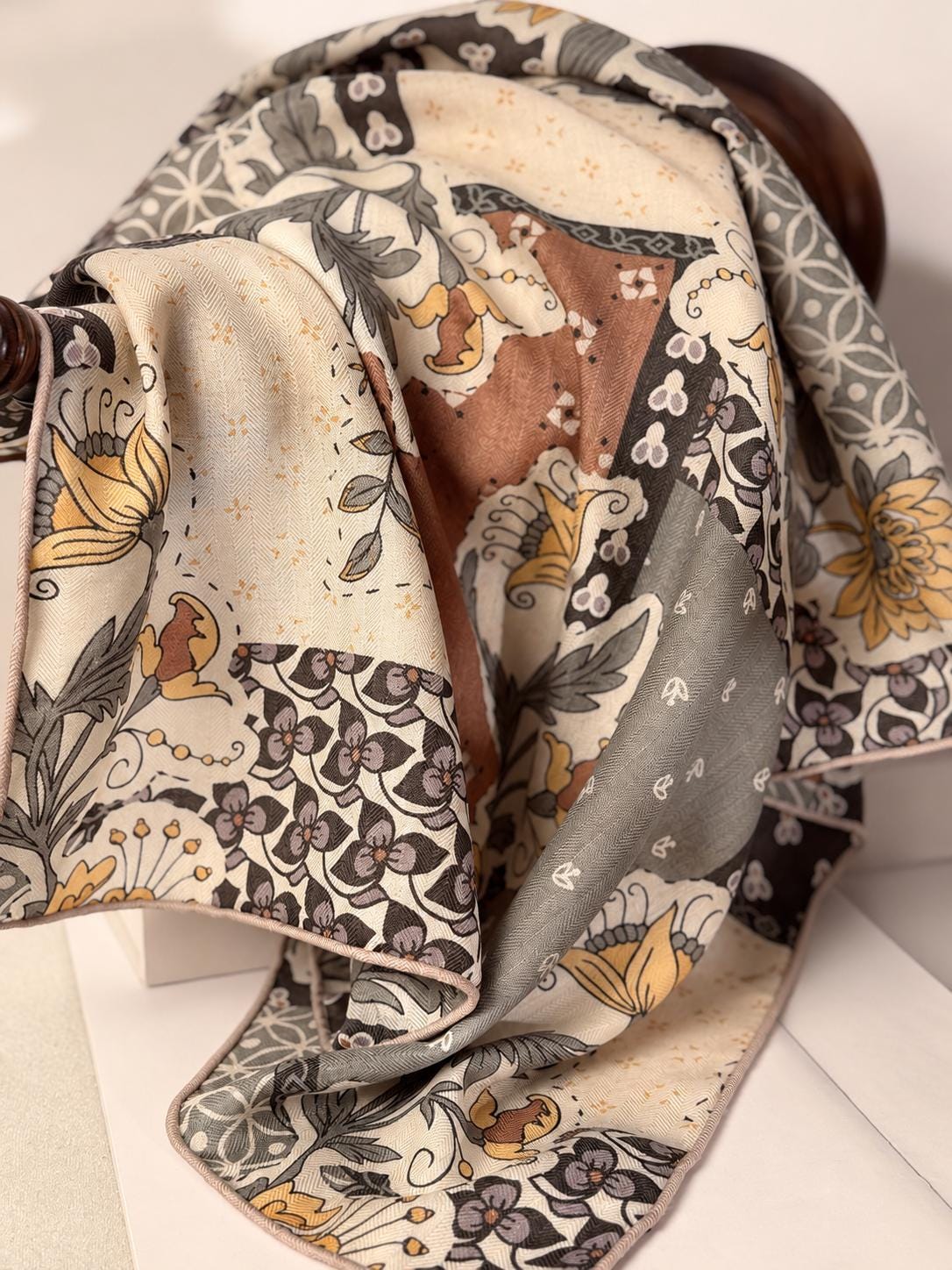 Silk Wool Scarf 26”x26” 65x65cm, European Cottage Floral Square Scarf, Vintage Art Silk Wool Neck Scarf, Women’s Winter Accessory