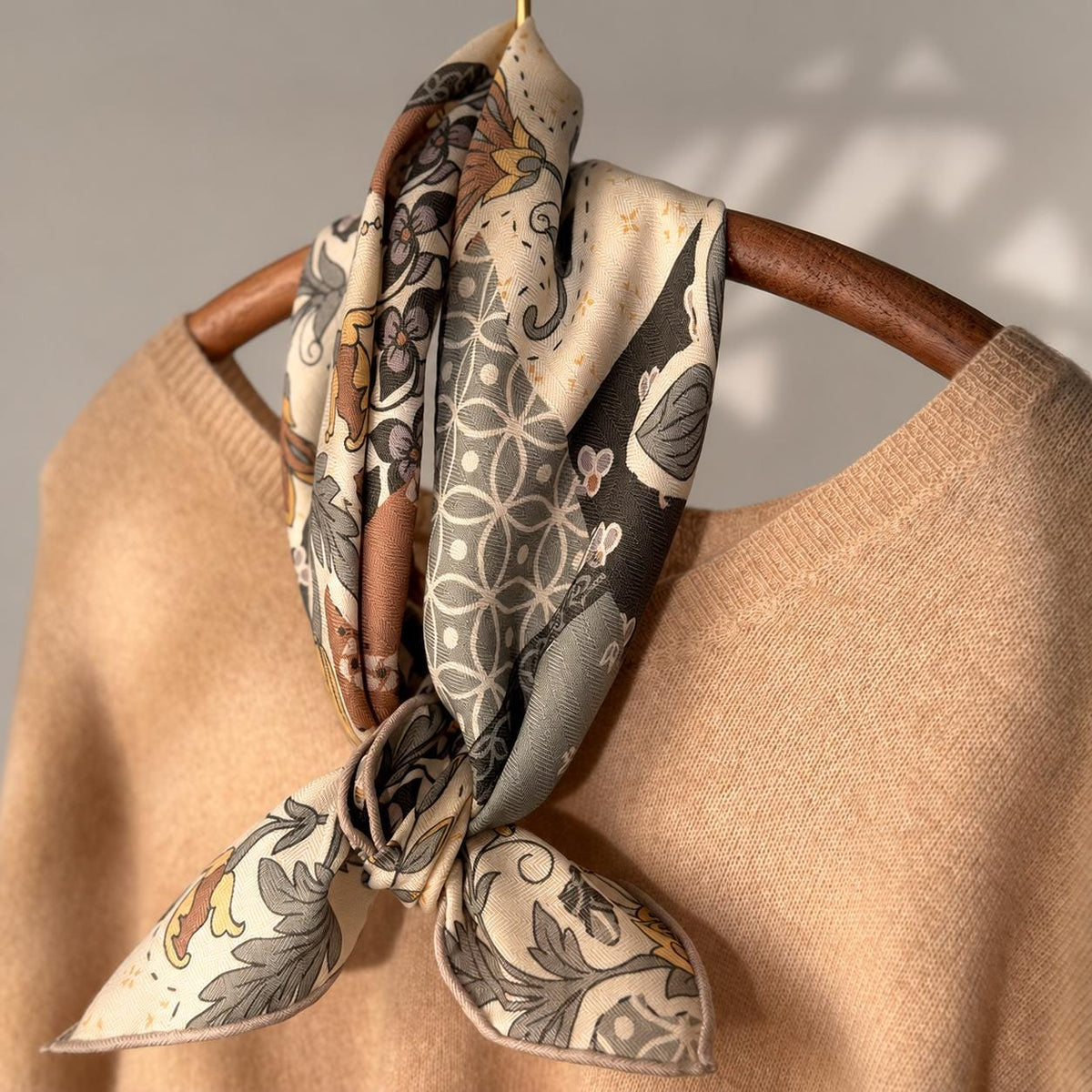 Silk Wool Scarf 26”x26” 65x65cm, European Cottage Floral Square Scarf, Vintage Art Silk Wool Neck Scarf, Women’s Winter Accessory