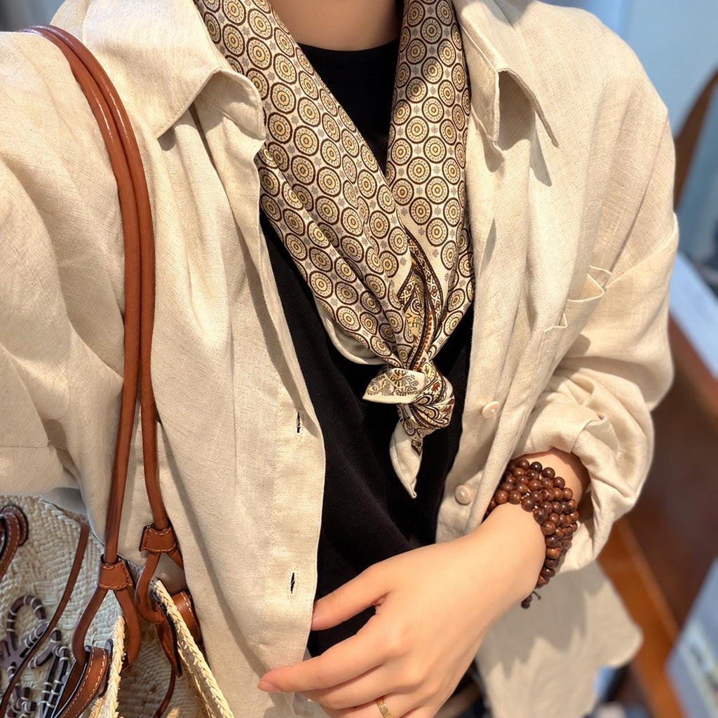Silk Wool Scarf 26”x26” 65x65cm, Khaki Paisley Square Scarf, Vintage Silk Wool Neck Scarf, Women’s Fall Winter Accessory