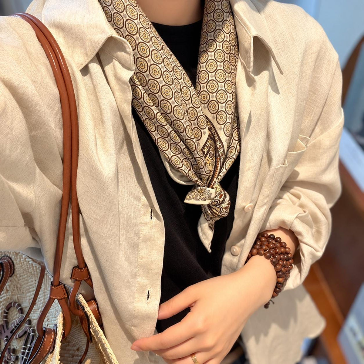 Silk Wool Scarf 26”x26” 65x65cm, Khaki Paisley Square Scarf, Vintage Silk Wool Neck Scarf, Women’s Fall Winter Accessory