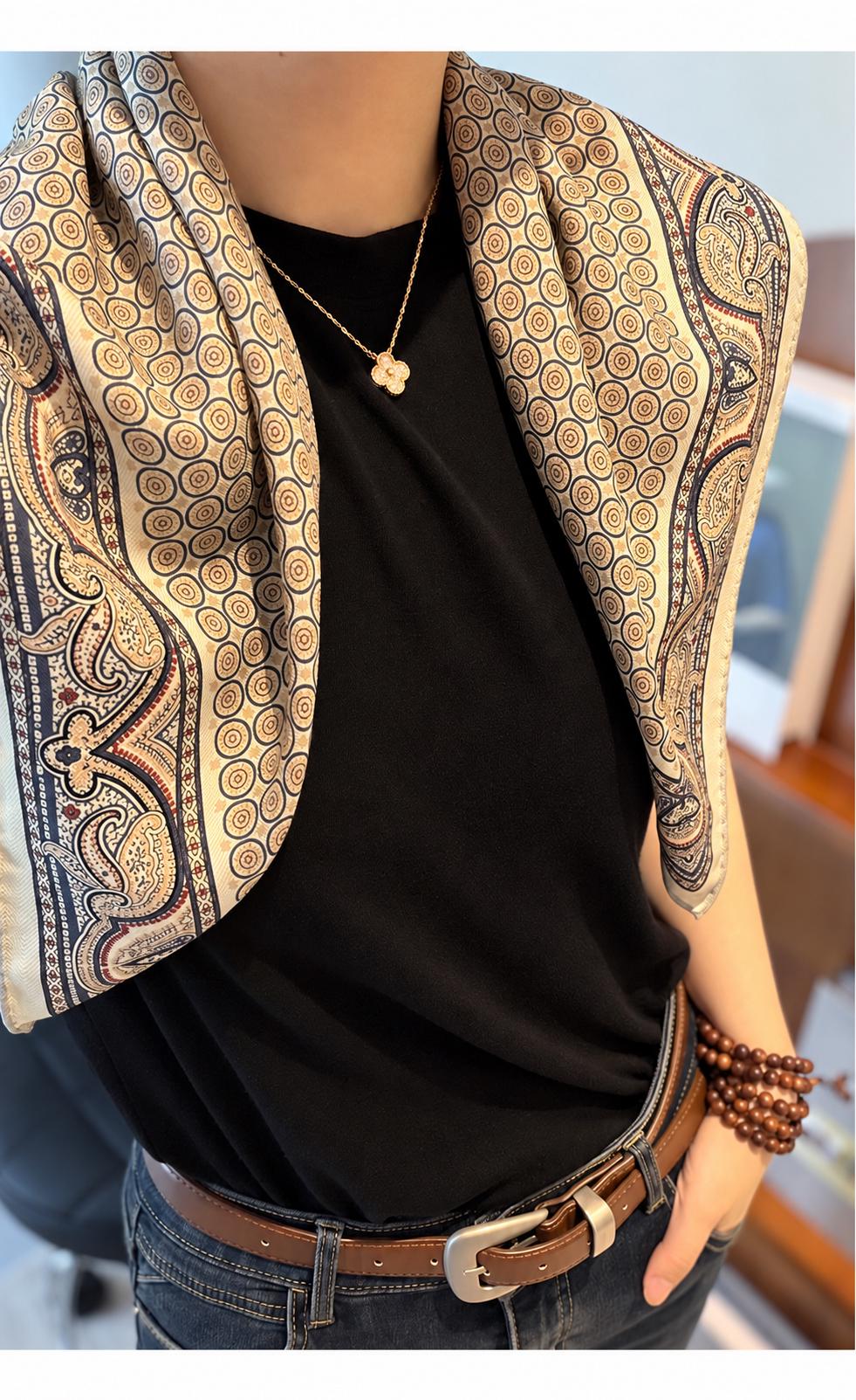 Silk Wool Scarf 26”x26” 65x65cm, Khaki Paisley Square Scarf, Vintage Silk Wool Neck Scarf, Women’s Fall Winter Accessory