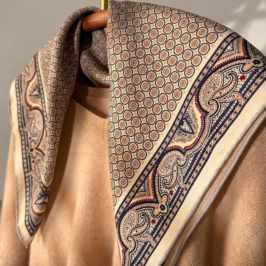 Silk Wool Scarf 26”x26” 65x65cm, Khaki Paisley Square Scarf, Vintage Silk Wool Neck Scarf, Women’s Fall Winter Accessory