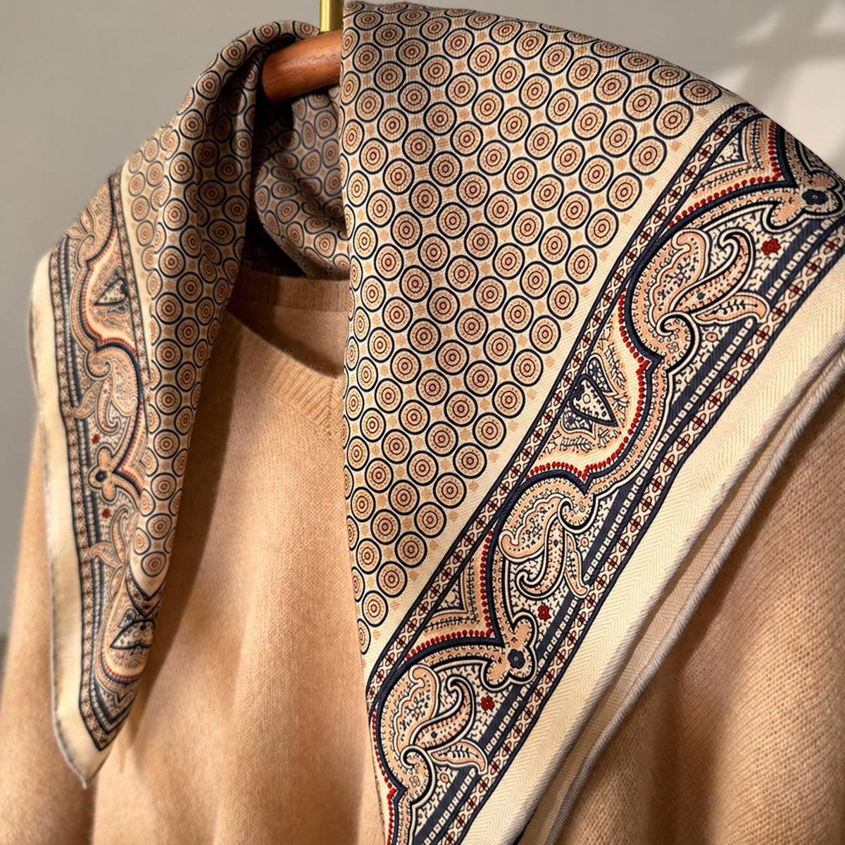 Silk Wool Scarf 26”x26” 65x65cm, Khaki Paisley Square Scarf, Vintage Silk Wool Neck Scarf, Women’s Fall Winter Accessory