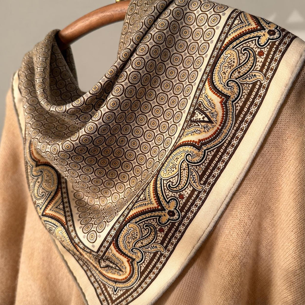 Silk Wool Scarf 26”x26” 65x65cm, Khaki Paisley Square Scarf, Vintage Silk Wool Neck Scarf, Women’s Fall Winter Accessory
