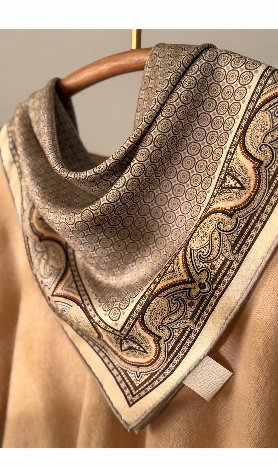 Silk Wool Scarf 26”x26” 65x65cm, Khaki Paisley Square Scarf, Vintage Silk Wool Neck Scarf, Women’s Fall Winter Accessory