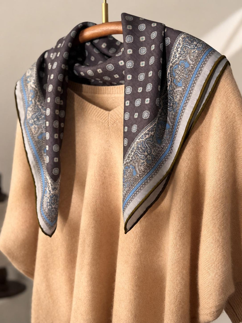 Silk Wool Scarf 26”x26” 65x65cm, Gray Blue Square Scarf, Classic Silk Wool Neck Scarf, Women’s Elegant Winter Accessory