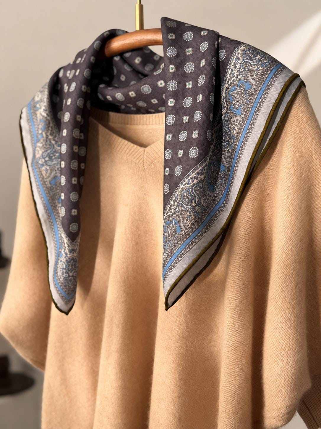 Silk Wool Scarf 26”x26” 65x65cm, Gray Blue Square Scarf, Classic Silk Wool Neck Scarf, Women’s Elegant Winter Accessory