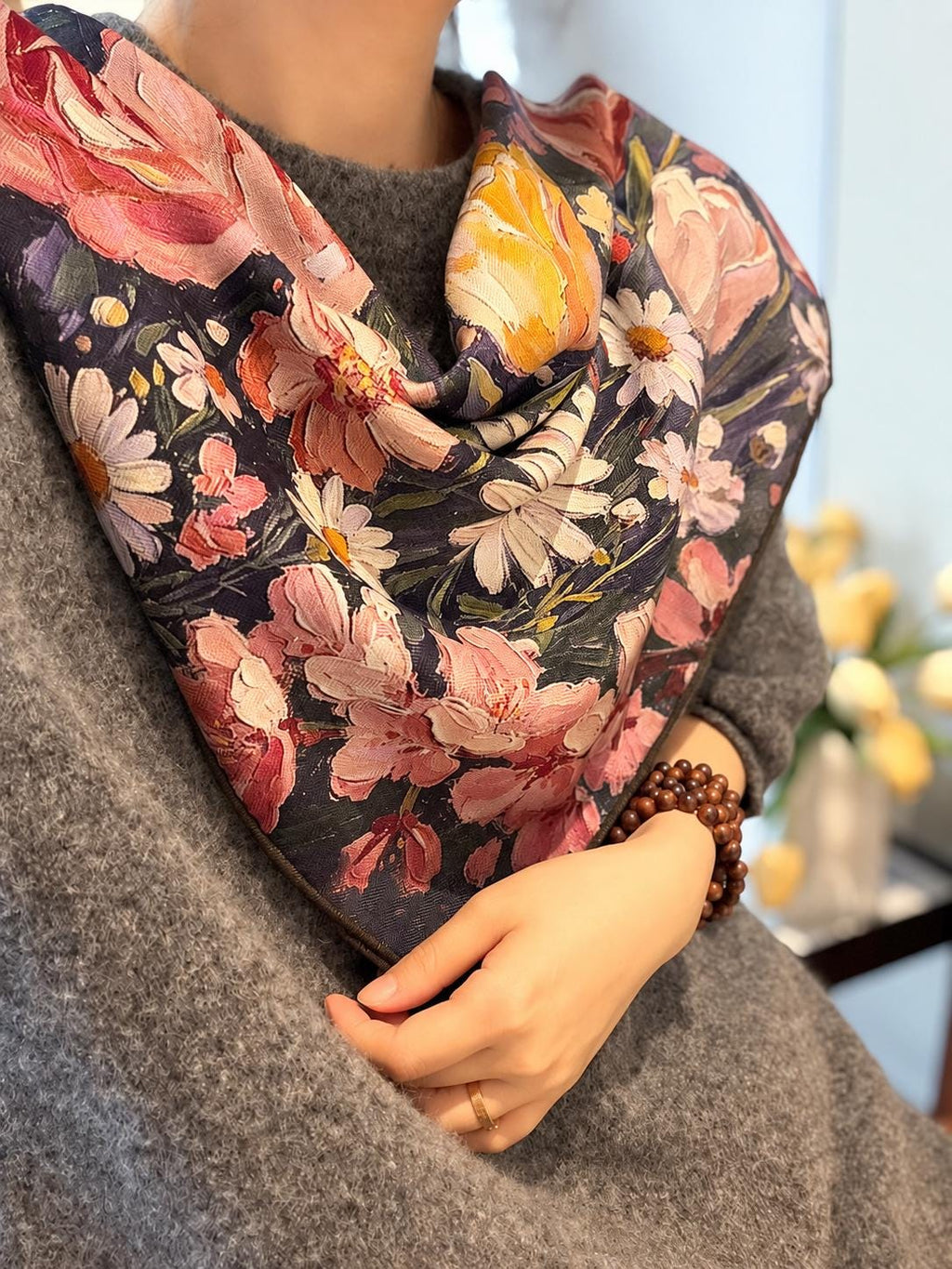Silk Wool Scarf 27”x27” 68x68cm, Oil Painting Square Scarf, Artistic Silk Wool Neck Scarf, Women’s Winter Accessory