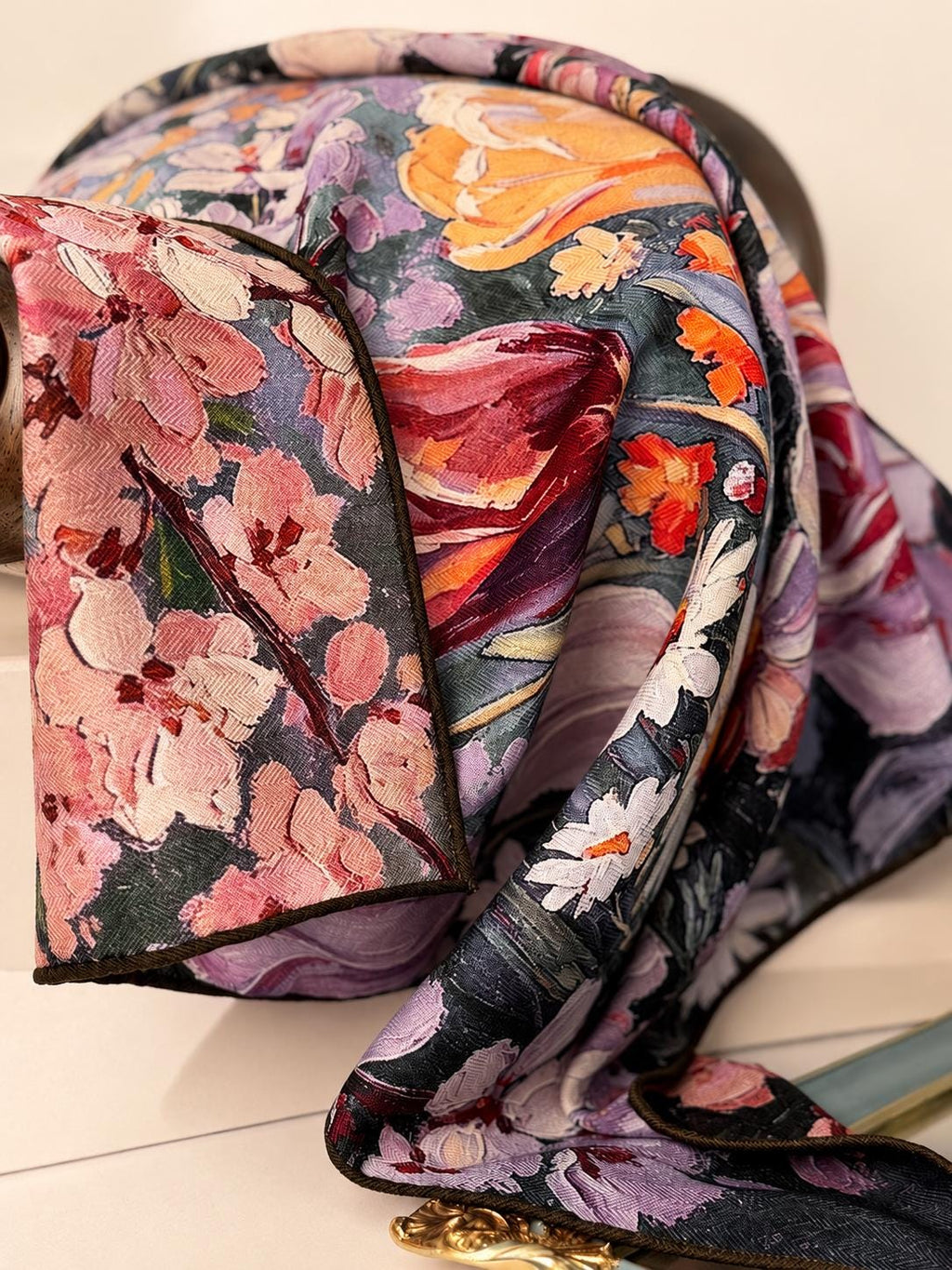 Silk Wool Scarf 27”x27” 68x68cm, Oil Painting Square Scarf, Artistic Silk Wool Neck Scarf, Women’s Winter Accessory