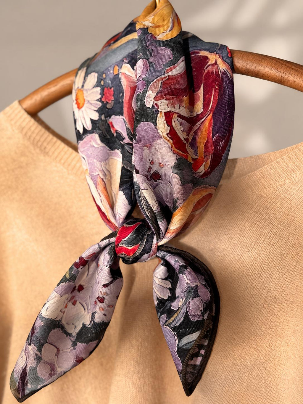 Silk Wool Scarf 27”x27” 68x68cm, Oil Painting Square Scarf, Artistic Silk Wool Neck Scarf, Women’s Winter Accessory