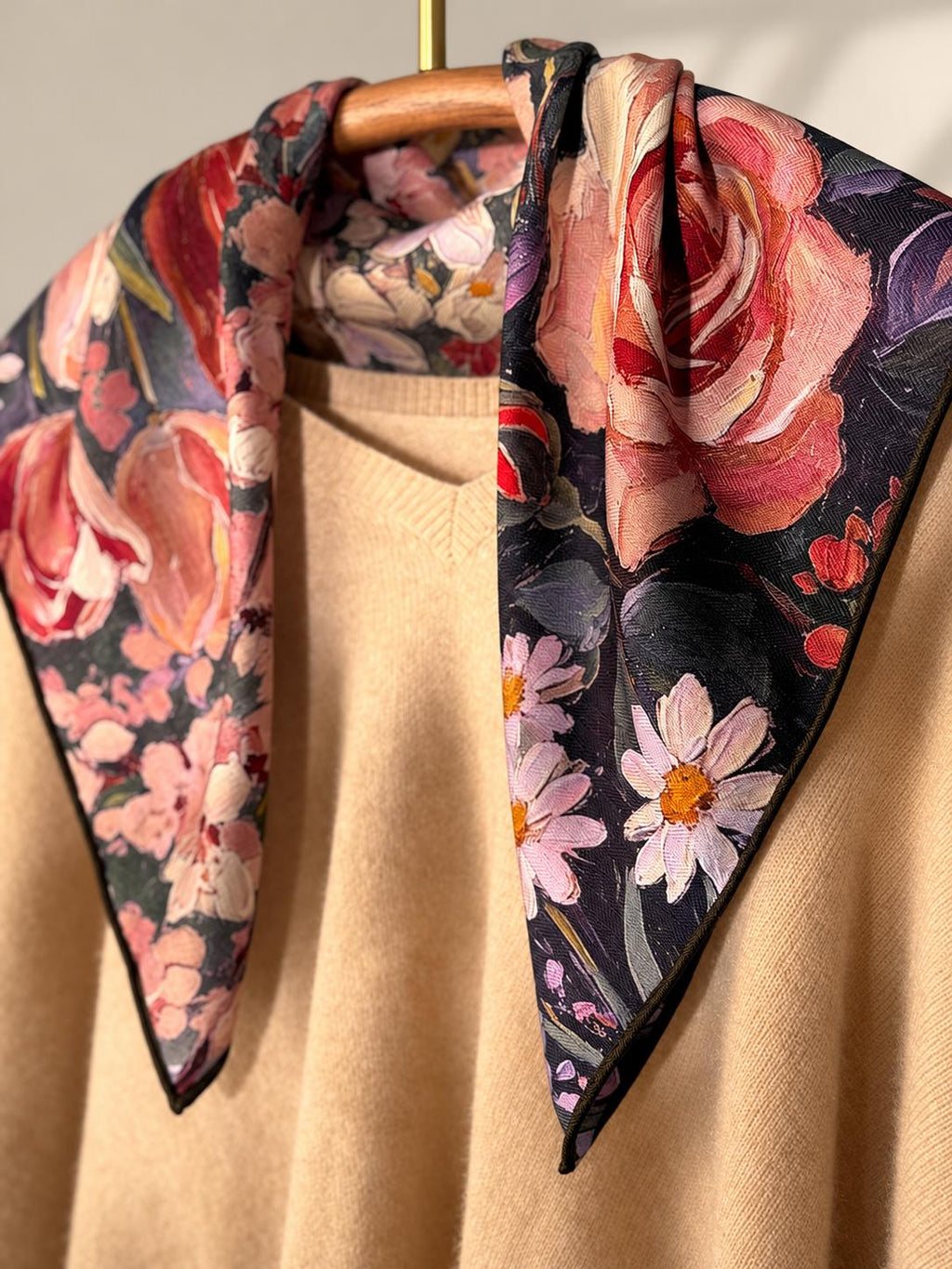 Silk Wool Scarf 27”x27” 68x68cm, Oil Painting Square Scarf, Artistic Silk Wool Neck Scarf, Women’s Winter Accessory