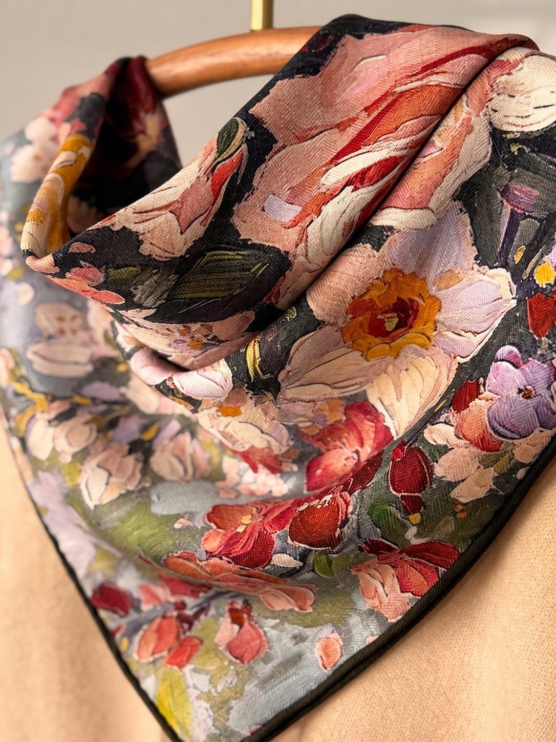 Silk Wool Scarf 27”x27” 68x68cm, Oil Painting Square Scarf, Artistic Silk Wool Neck Scarf, Women’s Winter Accessory