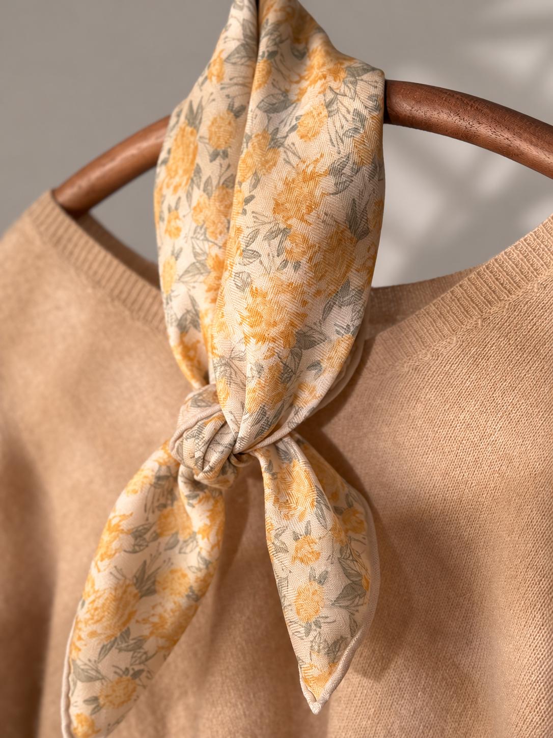 Silk Wool Scarf 27”x27” 68x68cm, Beige Floral Square Scarf, Delicate Silk Wool Neck Scarf, Women’s Winter Accessory