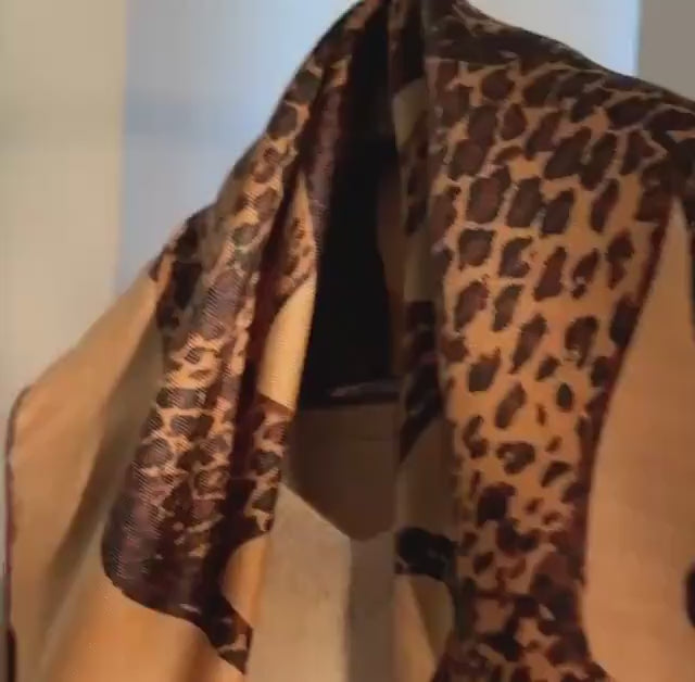 Silk Wool Scarf 35”x35” 88x88cm, Leopard Print Square Scarf, Italian Old Money Style Silk Wool Shawl, Women’s Fall Winter Wrap