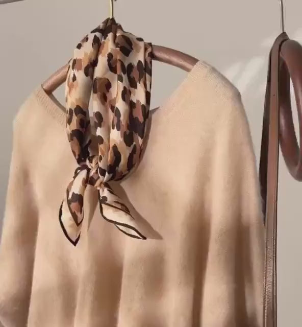 Silk Wool Scarf 35”x35” 88x88cm, Mocha Leopard Square Scarf, Italian Vintage Silk Wool Neck Scarf, Women’s Winter Accessory
