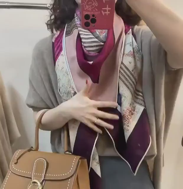 Silk Wool Scarf 53"x53" 135x135cm Reversible Herringbone Shawl Large Autumn Winter Wrap Elegant Luxury Gradient Art Gift