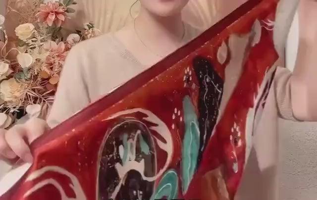 100% Mulberry Silk Scarf 26"x26" 65x65cm, Dunhuang Mural Art Silk Scarf, Vintage Silk Neckerchief, Oriental Silk Bandana Shawl, Gift for Her