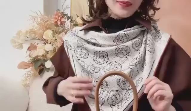 Silk Wool Scarf 35”x35” 88x88cm, Camellia Floral Square Scarf, French Inspired Vintage Silk Wool Shawl, Women’s Winter Wrap